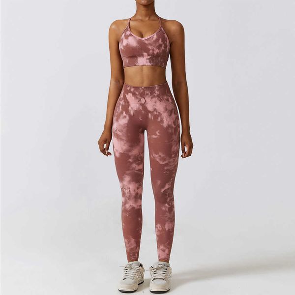 

lu lu tie dye yoga set 2pcs gym workout clothes for women seamless leggings sports bra high waist shorts women clothing tracksuit athletic