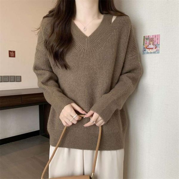 

large sized sweater womens clothing korean version of the autumn slimming gentle wind v neck pure color soft, White;black