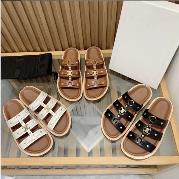 

women's ce genuine leather flatsole slippers fashion sewn rubber sandals park leisure lightweight beach shoes size 35-40, Black