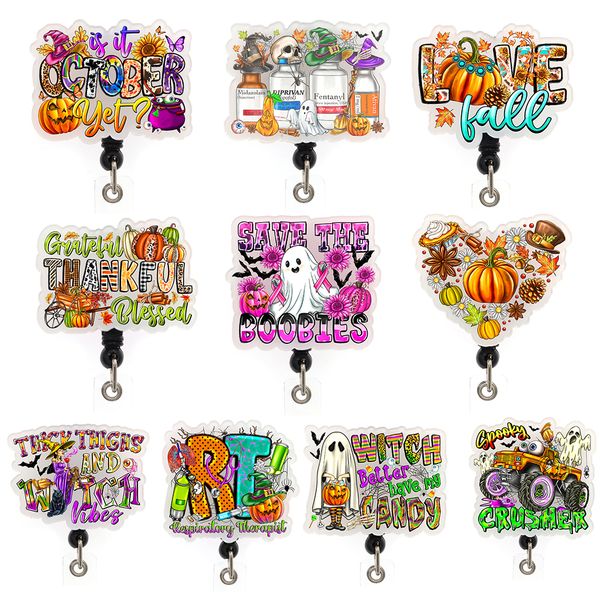 

5 pcs/lot key rings custom plastic badge holder halloween thanksgiving pumpkin witch ghost skull nurse acrylic retractable badge reel for ho, Slivery;golden