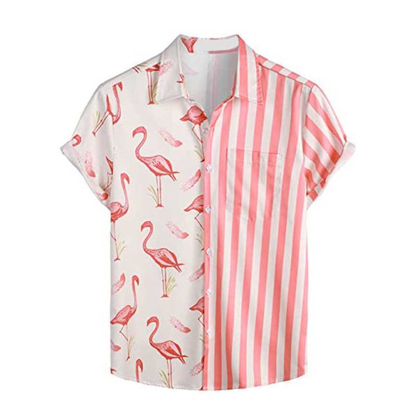

selling men's 2023 summer new flamingo print stripe short sleeved beach shirt, White;black