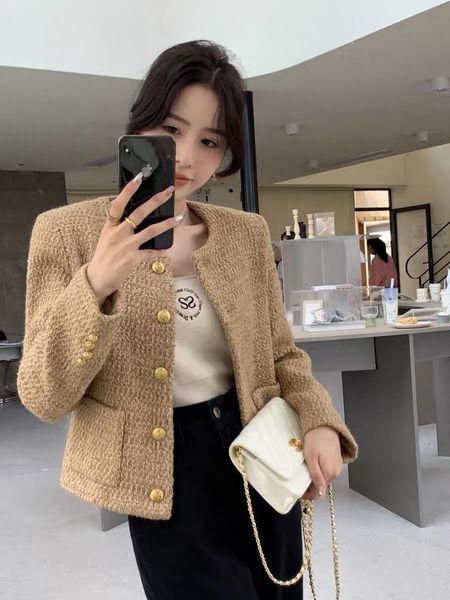 

new european fashion women's o-neck long sleeve single breasted tweed woolen gold color jacket coat s m  xl547, Black;brown