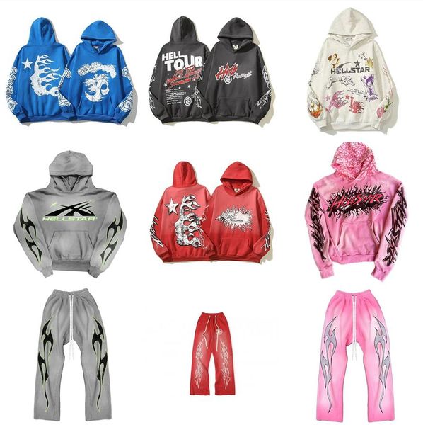 

winter mens hoodie sweatshirt print hellstar graphic tee shirt long sleeve casual jogger trousers hip hop clothing tracksuit, Black