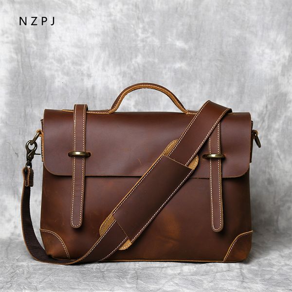 

briefcases retro leather men's handbag layer cowhide briefcase crazy horse messenger shoulder large capacity computer bag nzpj 230901