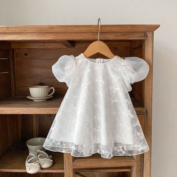 

baby girls tutu romper dress long round neck patchwork high waist lace floral party princess dress 2551, White