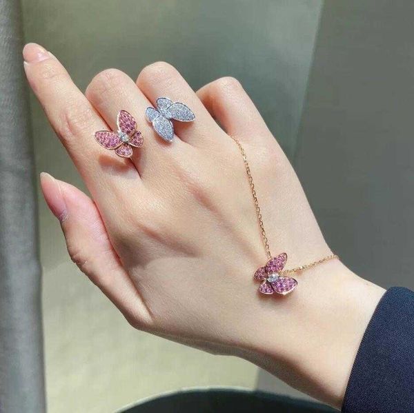 

Designer Four-leaf clover Necklace Ring Earrings Suit Luxury Top 925 Sterling Silver Plated 18K Gold Double Butterfly Pink Diamond Set Van Clee Accessories Jewelry