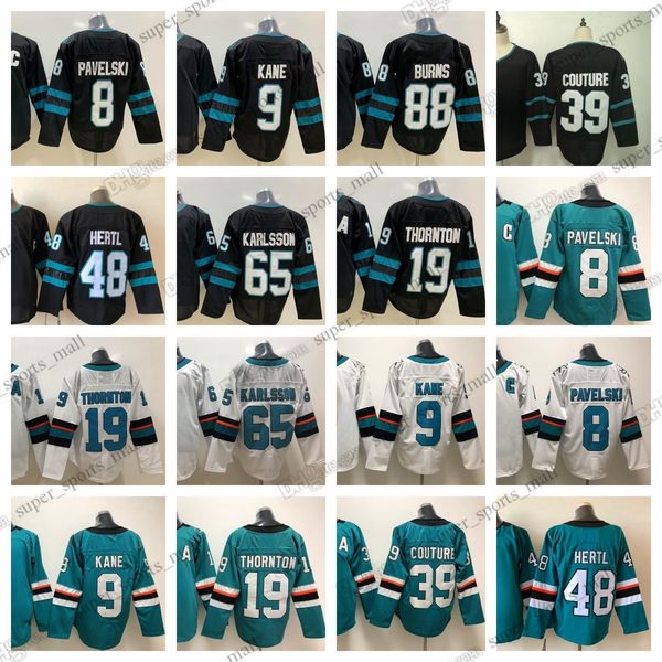 

1992-1999 movie retro hockey jersey 19 joe thornton 9 evander kan 8 joe pavelski 48 tomas hert 39 logan couture 65 erik karlsson 88 brent bu, Black