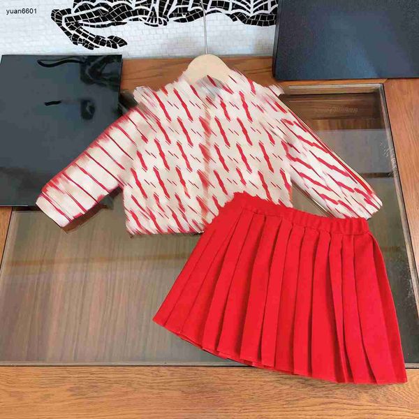 

luxury designer baby autumn sets girls dress suits size 100-160 cm 2pcs logo printed zippered jacket and red pleated skirt aug30, White