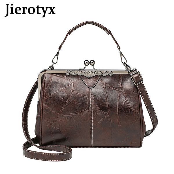 

evening bags jierotyx vintage kiss lock handbags for women oil leather clutch satchel purse tote shoulder black red 230901
