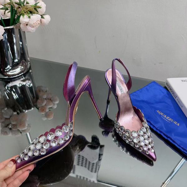 

2023 new aquazzura sandals fashion women rhinestone decoration high heel party shoes luxury designer brand shoes mesh hollow toe wrap leathe, Black