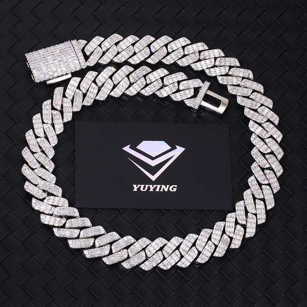 

custom luxury 19mm width baguette cuban chain 925 solid sier gra moissanite diamond cuban link chain mens hip hop necklace, Silver