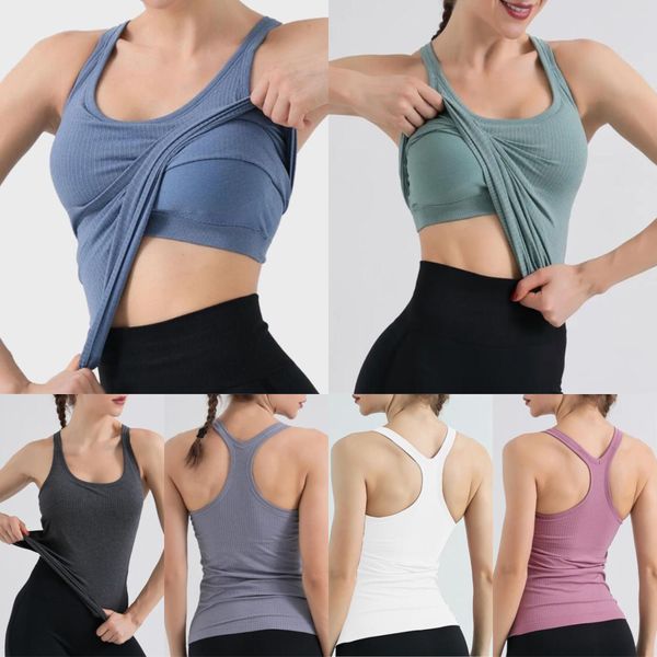 

LU 2023 Sleeveless Ebb to Street Tank Tops Yoga Women Vest with Padded Bra Workout Fiess Athletic LL Sport T-shirt, Gold