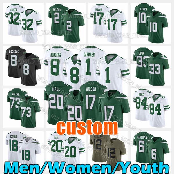 

8 aaron rodgers football jersey ahmad sauce gardner new yorks zach garrett wilson 95 quinnen williams breece hall jetes dalvin cook joe klec, Black;red