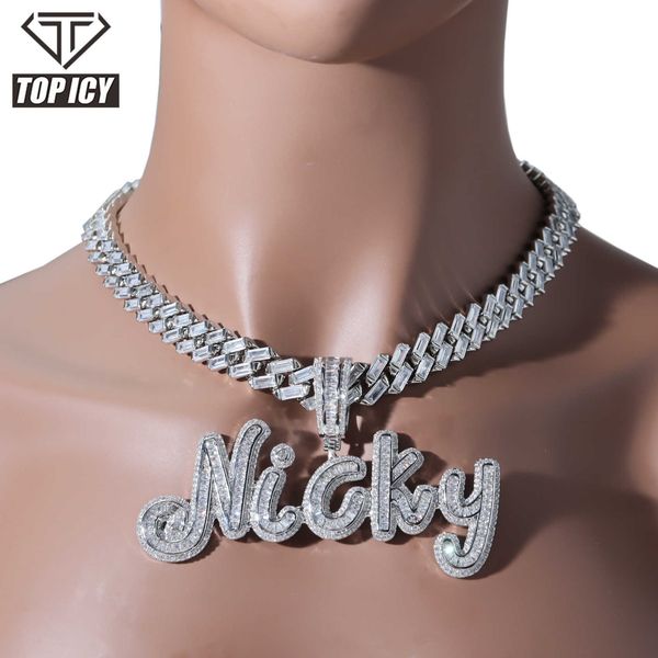 

baguette cz brush font big size custom name necklace personalized initial 26 letters pink name plate necklace iced out jewelry, Silver