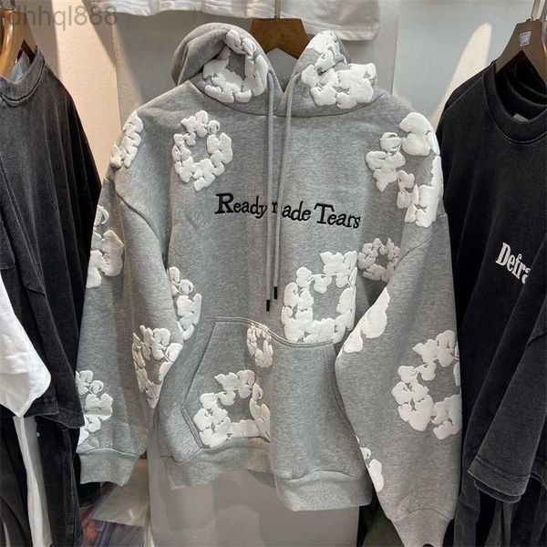 

real pics 3d foam printing hoodie men women fleece to keep warm embroidered letters vintage sweatshirts pullover grey black, Black;brown