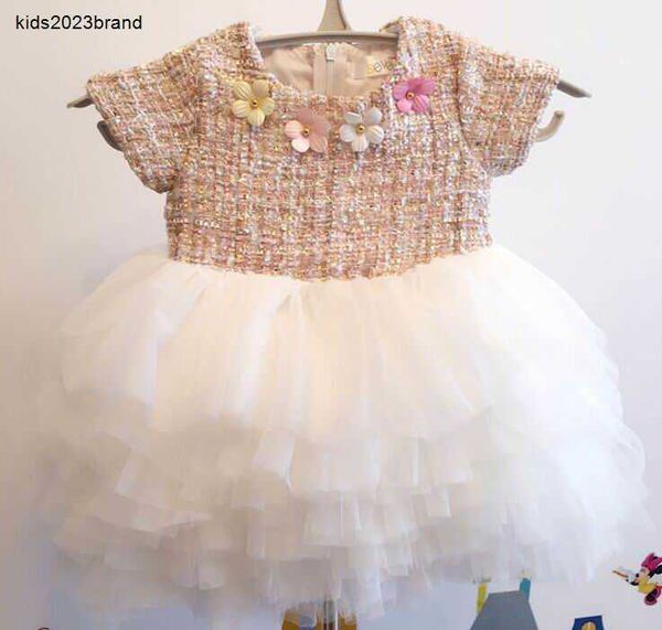 

designer girl dress spring autumn baby party dresses short sleeve woolen fluffy skirt soft gauze tiered dress children clothing, Red;yellow
