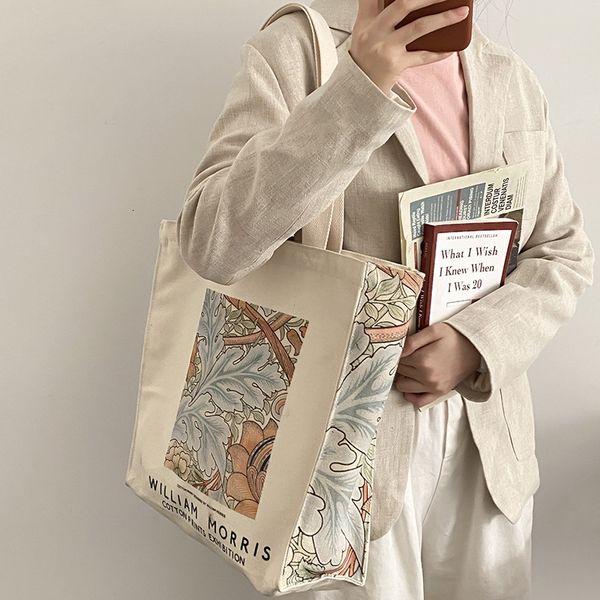 

shopping bags thick canvas female shoulder bag van gogh morris vintage oil painting zipper books handbag large tote for women y230901