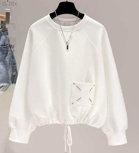 

design pocket pullovers white women short hem drawstring long sleeve spring autumn trend pullover fashion loose sweatshirt