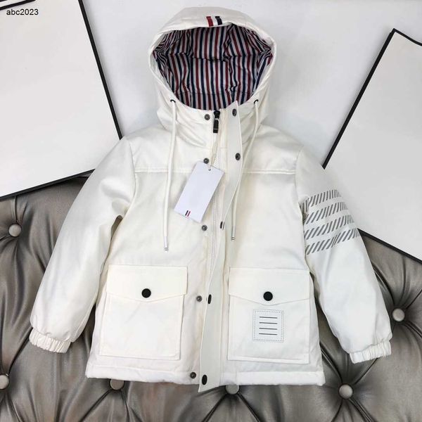 

new designer kids down jacket fashion baby winter clothing size 110-150 cm 2pcs colorful striped lining hooded down overcoat for boys aug30, Blue;gray