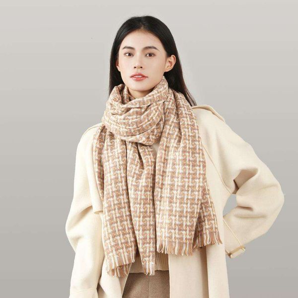 

korean casual all matching fashionable scarf for women in autumn and winter high end feeling houndstooth thick long, Blue;gray
