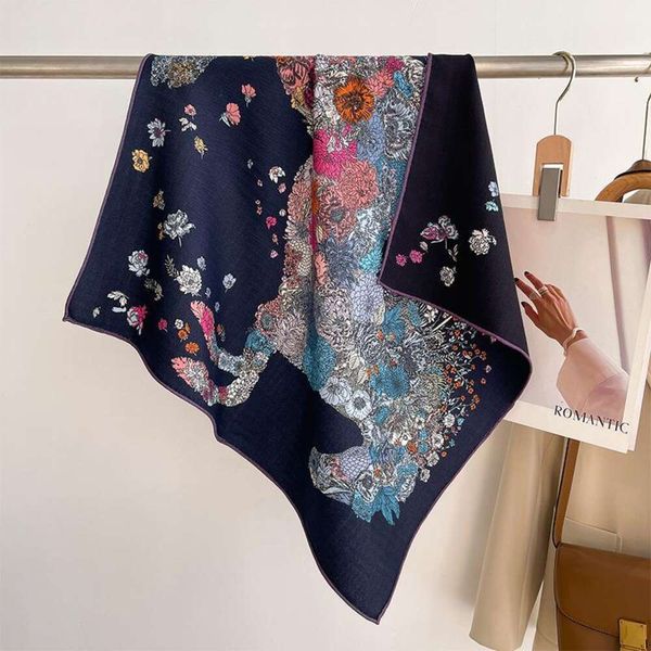 

korean style autumn and scarves winter herringbone silk wool scarf double sided two color flower horse affordable, Blue;gray