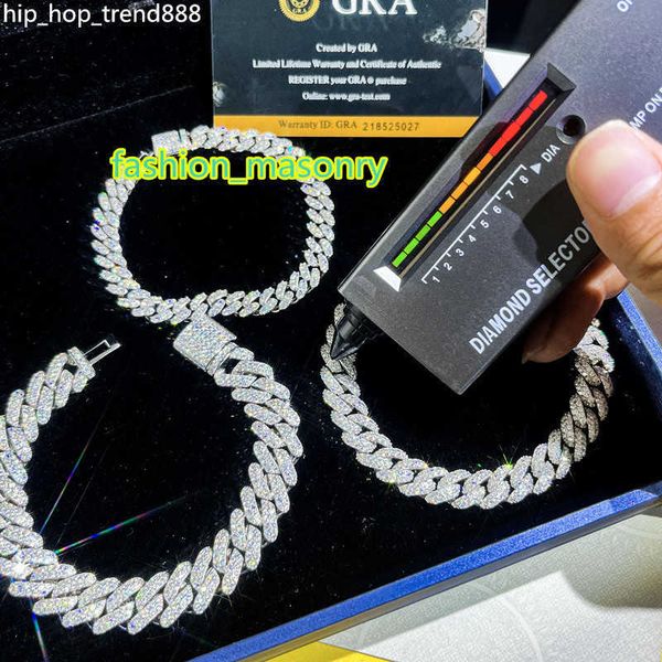 

necklace horizon iced out pass diamond tester vvs moissanite jewelry necklace bracelet women's 15mm 925 silver miami cuban chain men&#0
