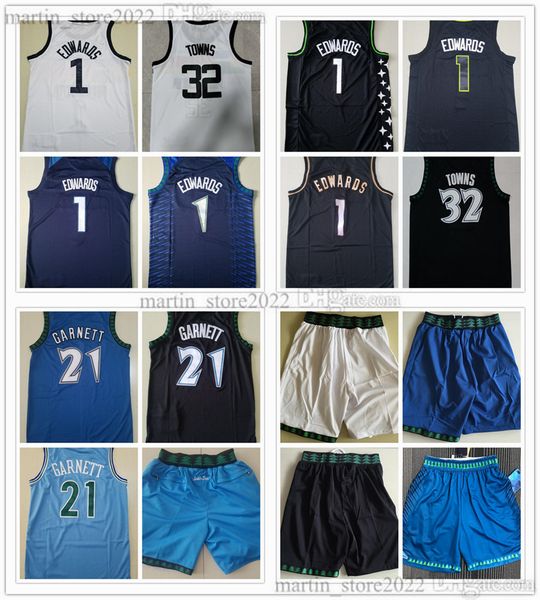 

100% stitched 2023 basketball jerseys anthony edwards 1 karl-anthony towns 32 vintage kevin garnett 21 men shorts pants embroidery, Black;red
