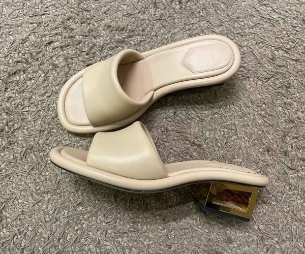 

women casual design slipper sandal baguette nappa leather slide metal-logo mules sandals women wide-band slides cutout metal sculptural heel, Black