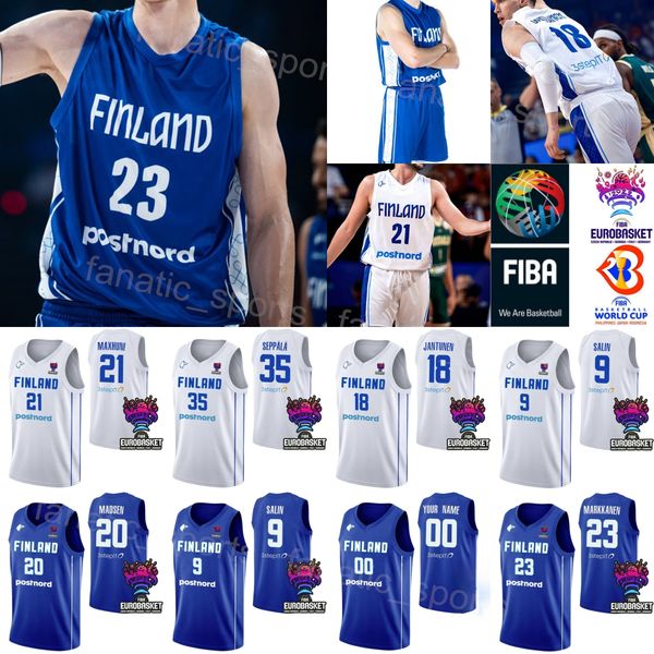 

printed 2023 world cup 1 miro little jerseys finland basketball 20 madsen 34 jacob grandison 35 ilari seppala 19 elias valtonen 23 lauri mar, Black