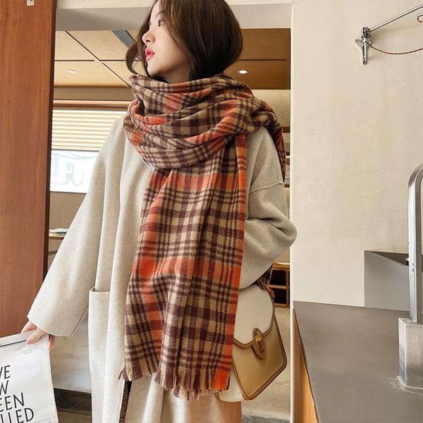 

japanese and scarves korean style autumn winter warm thick scarf female ins design niche tassels plaid imitation, Blue;gray