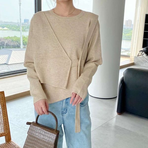 

item title korean design cross symmetrical sweater autumn womens two piece lace round neck top, White;black