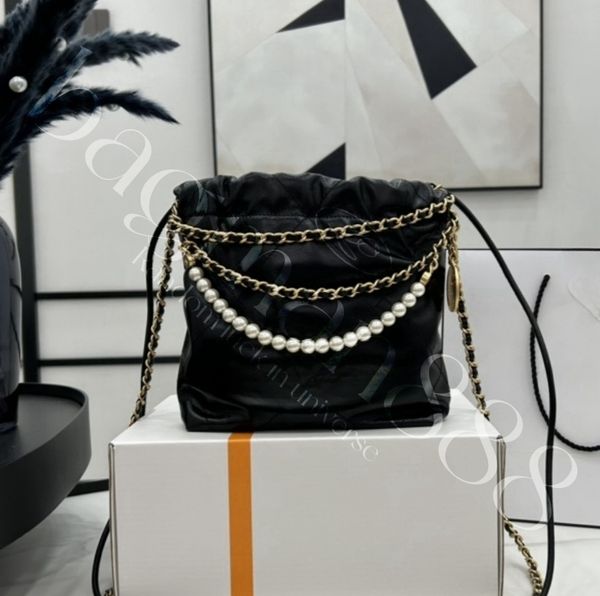 

luxury designer garbage bag tote handbag pearl chain caviar fluffy sheepskin leather handbags women clutch cross body shoulder bags purse wa