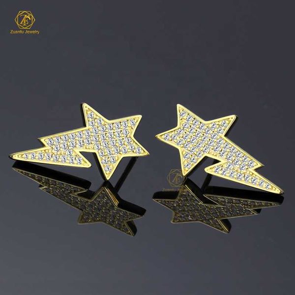 

2023 wholale star lightning shap hip hop jewelry 925 sterling sier ice out moissanite lightning stud earrings, Golden