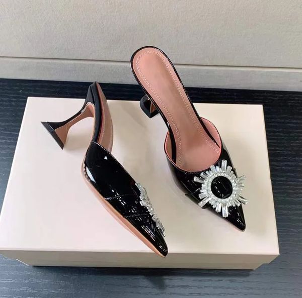 

rhinestone sunflower buckle decorative slippers 80mm 100mm mules evening shoes goblet heel luxury women's heeled luxury designers dress, Black