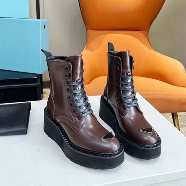 

luxury designer women's boots martin boots wedge sole lace up round toe platform genuine leather cavalier ankle boots size 35-41 with b, Black