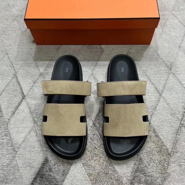 

luxury designer women man leather sandal chypre rubber sandal h canvas calfskin slipper comfort flat adjustable strap goatskin slides, Black