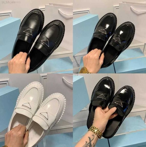 

designer shoes platform loafers p triangle sign genuine leather chunky shoe soft cowhide non-slip black shiny round head ladies thick bottom