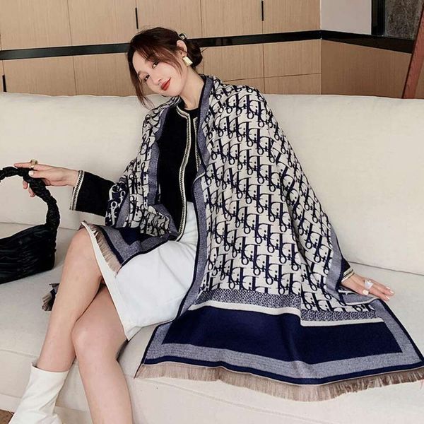 

winter double sided imitation cashmere scarf womens warmth high grade d letters shawl outside, Blue;gray