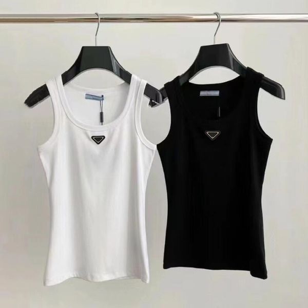 

p-ra designer womens tshirt tees correct style cotton tank 2023 summer fashion crop tshirt sleeveless knit embroidery backless, White