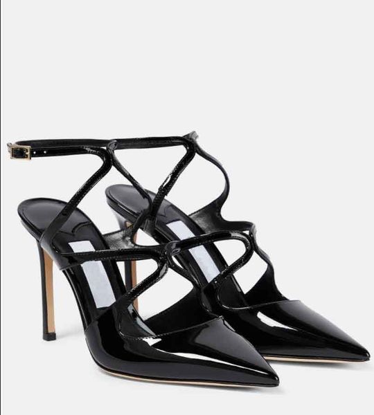 

23s women pumps london high heel sandal azia pump 75/95mm ankle strap pointy toe patent leather pump luxury lady designer with box 35-43eu, Black