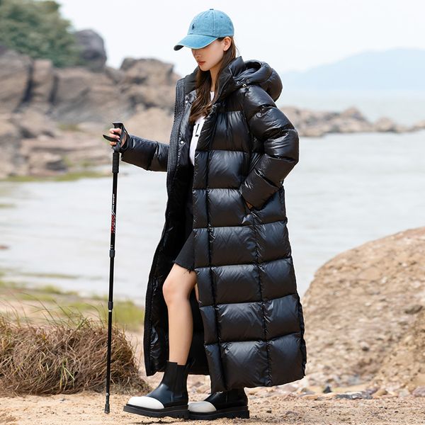 

women goose down jacket with hood winter thickened long coat parka puffer overcoat  long s m l  super warm, Black