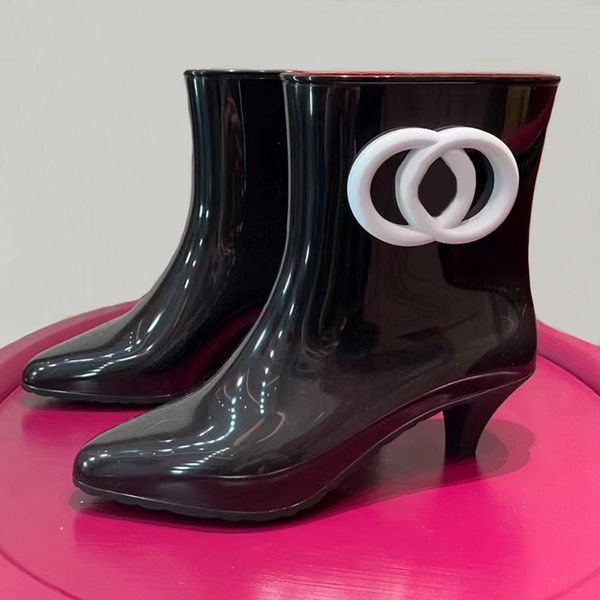 

black glossy rubber rainboots kitten-heel women's interlocking ankle boots pointed toes candy color non-slip fashion boots luxury desig