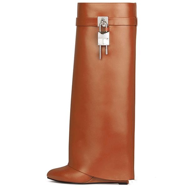 

retro luxury knee women high heel boots shark lock decor women wedge heel boots pointed toe big size long boots platform for girls shoes 35-, Black