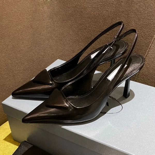 

7.5cm stiletto polish leather slingback pumps shoes sandal evening point toe heels sandals women heeled luxury designer dress shoe factory f, Black