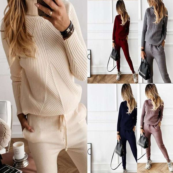 

autumn and winter high collared sweater pure color fashionable casual trousers suit for women, White;black