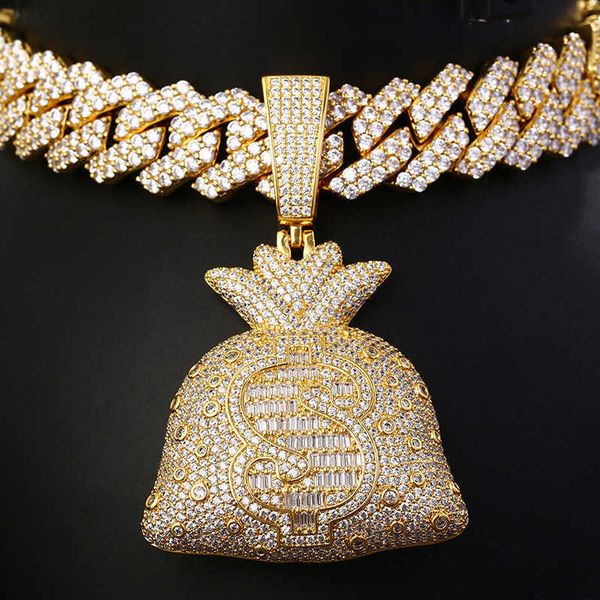 

gzys jewelry wholale good quality hip hop dollar pendant gold plated iced out money bag pendant with tennis chain, Silver