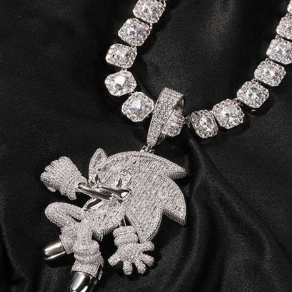 

2023 stainls steel hip hop chain necklace cartoon hip hop diamond super sonic pendant iced cuban choker necklace, Silver