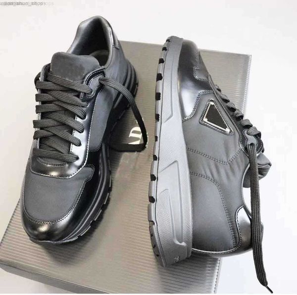 

brand prax 01 men sneaker shoes brushed leather trainers man technical rubber re-nylon runner sports lug sole casual walking eu38-46, Black