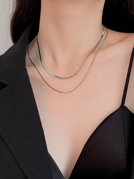 

luxury designer necklace chain for couple retro hip hop fashion geometrical titanium steel necklaces double layered collarbone chain necklac, Silver