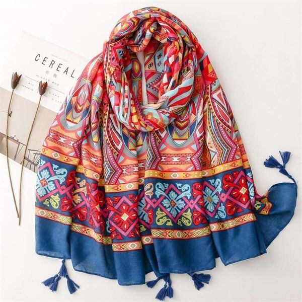 

yitao scarf retro style red geometric exotic travel sunblock shawl cotton linen hand female, Blue;gray